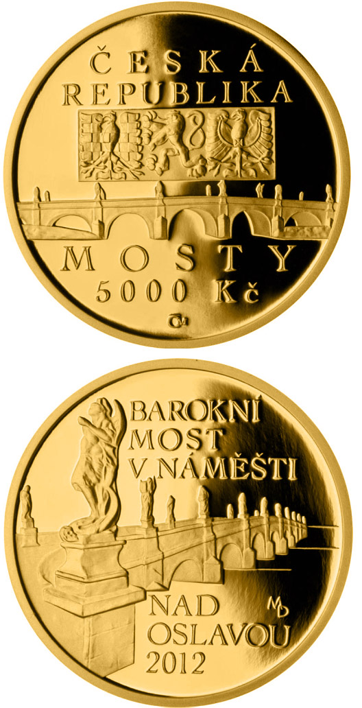 Image of 5000 koruna coin - Baroque bridge in Náměšť nad Oslavou | Czech Republic 2012.  The Gold coin is of Proof, BU quality.
