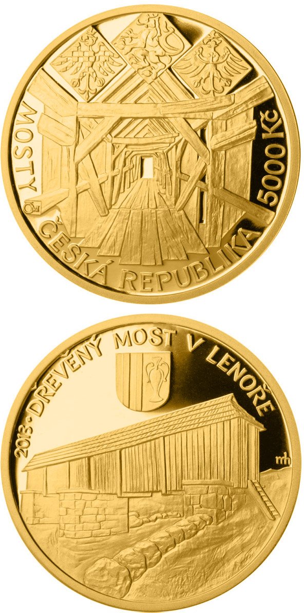 Image of 5000 koruna coin - Wooden bridge in Lenora  | Czech Republic 2013.  The Gold coin is of Proof, BU quality.