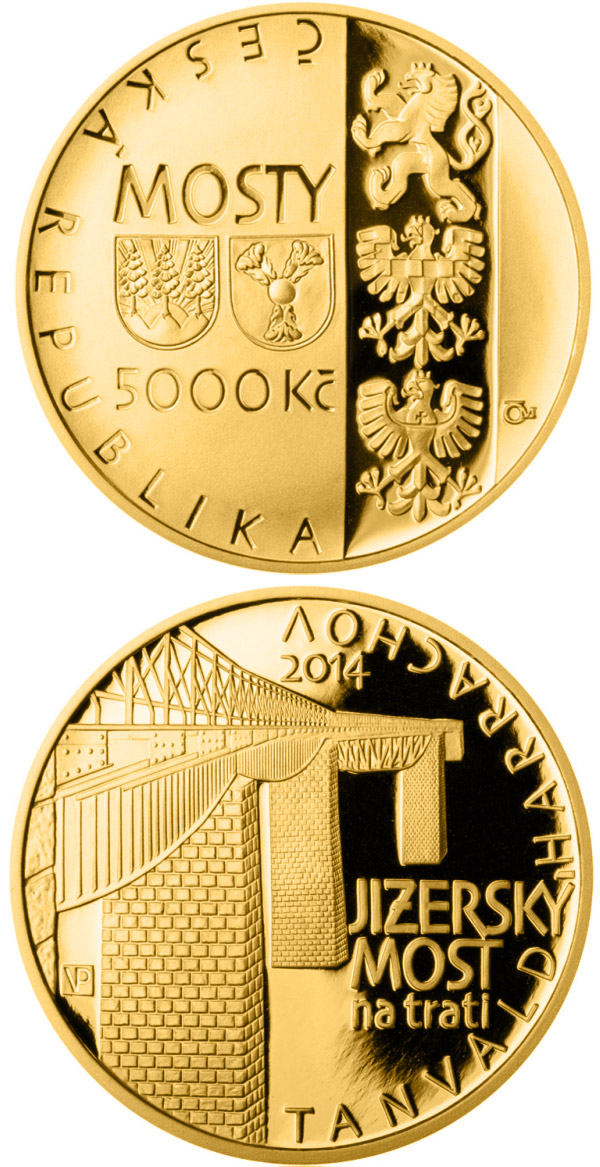 Image of 5000 koruna coin - Jizerský Viaduct on railroad between Tanvald and Harrachov | Czech Republic 2014.  The Gold coin is of Proof, BU quality.