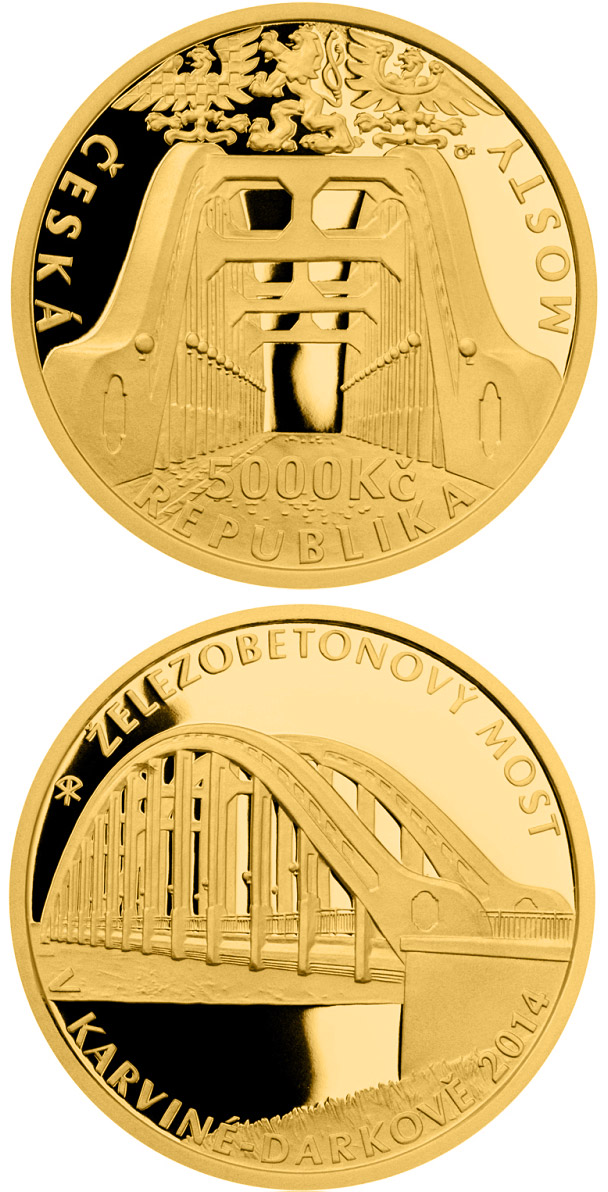 Image of 5000 koruna coin - Ferroconcrete bridge in Karviná-Darkov  | Czech Republic 2014.  The Gold coin is of Proof, BU quality.
