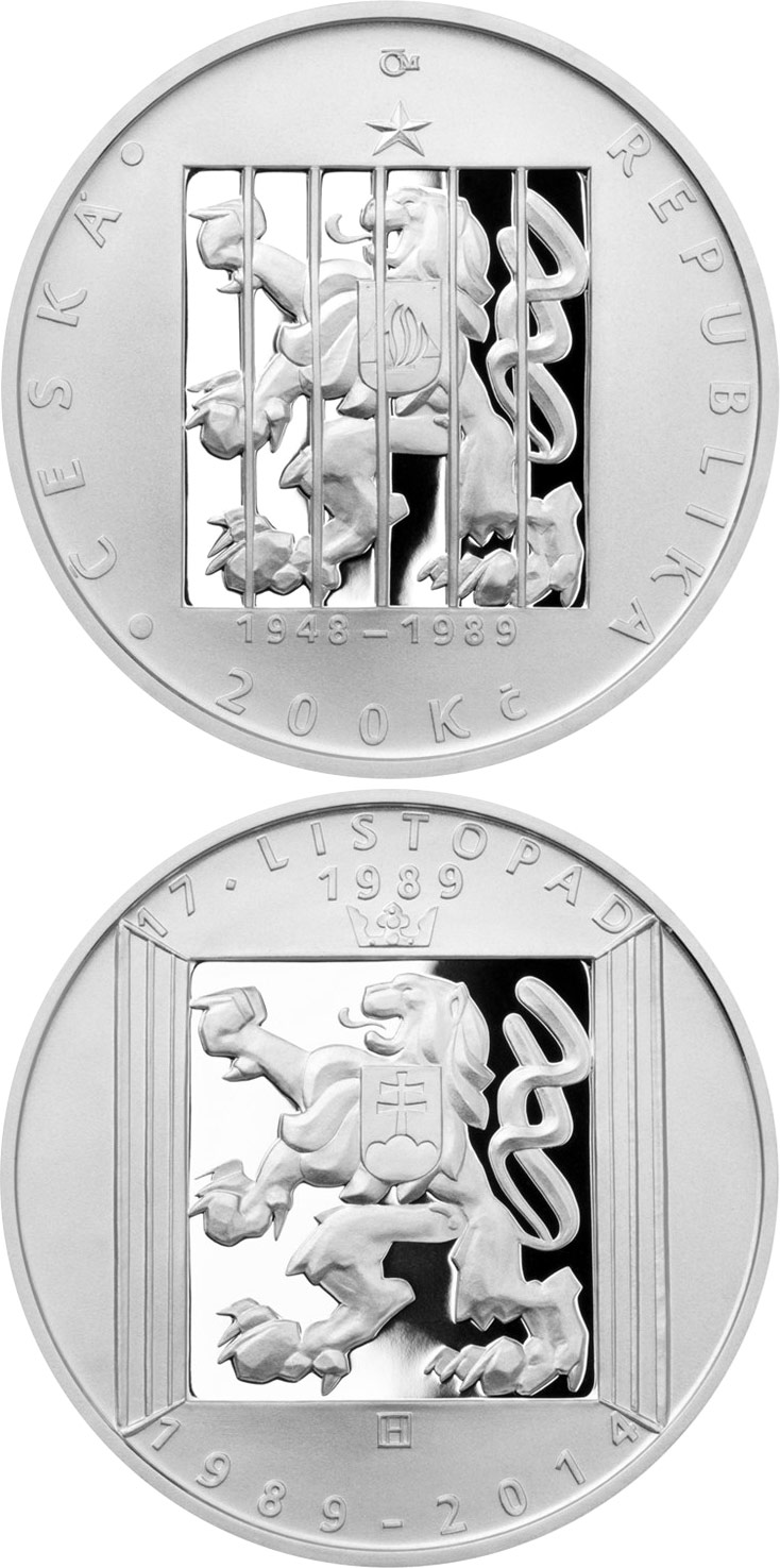 Image of 200 koruna coin - 25th Anniversary of 17 November 1989 | Czech Republic 2014.  The Silver coin is of Proof, BU quality.