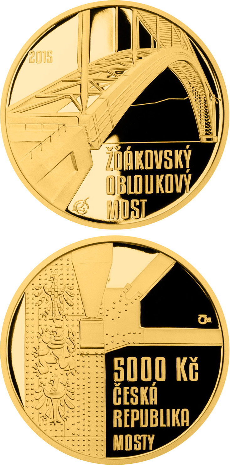 Image of 5000 koruna coin - Žďákov arch bridge | Czech Republic 2015.  The Gold coin is of Proof, BU quality.