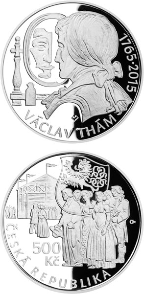 Image of 500 koruna coin - Birth of poet and playwright Václav Thám | Czech Republic 2015.  The Silver coin is of Proof, BU quality.