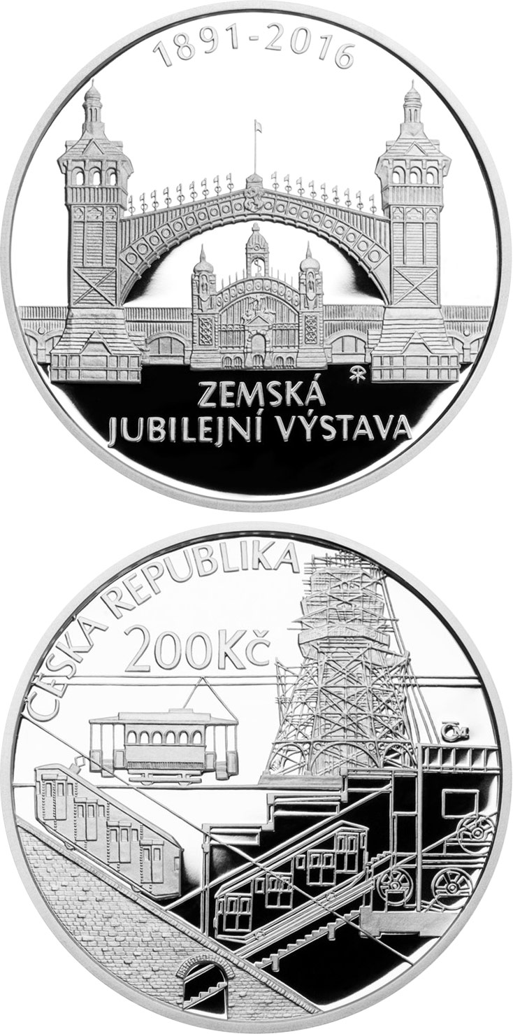 Image of 200 koruna coin - 125th anniversary of the General Land Centennial Exhibition | Czech Republic 2016.  The Silver coin is of Proof, BU quality.