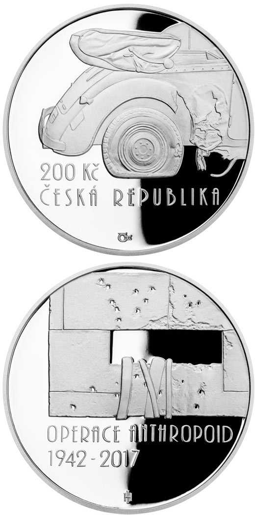 Image of 200 koruna coin - Operation Anthropoid | Czech Republic 2017.  The Silver coin is of Proof, BU quality.