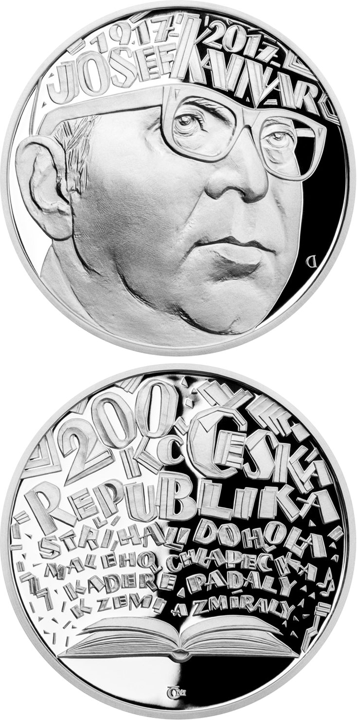 Image of 200 koruna coin - Birth of Josef Kainar | Czech Republic 2017.  The Silver coin is of Proof, BU quality.