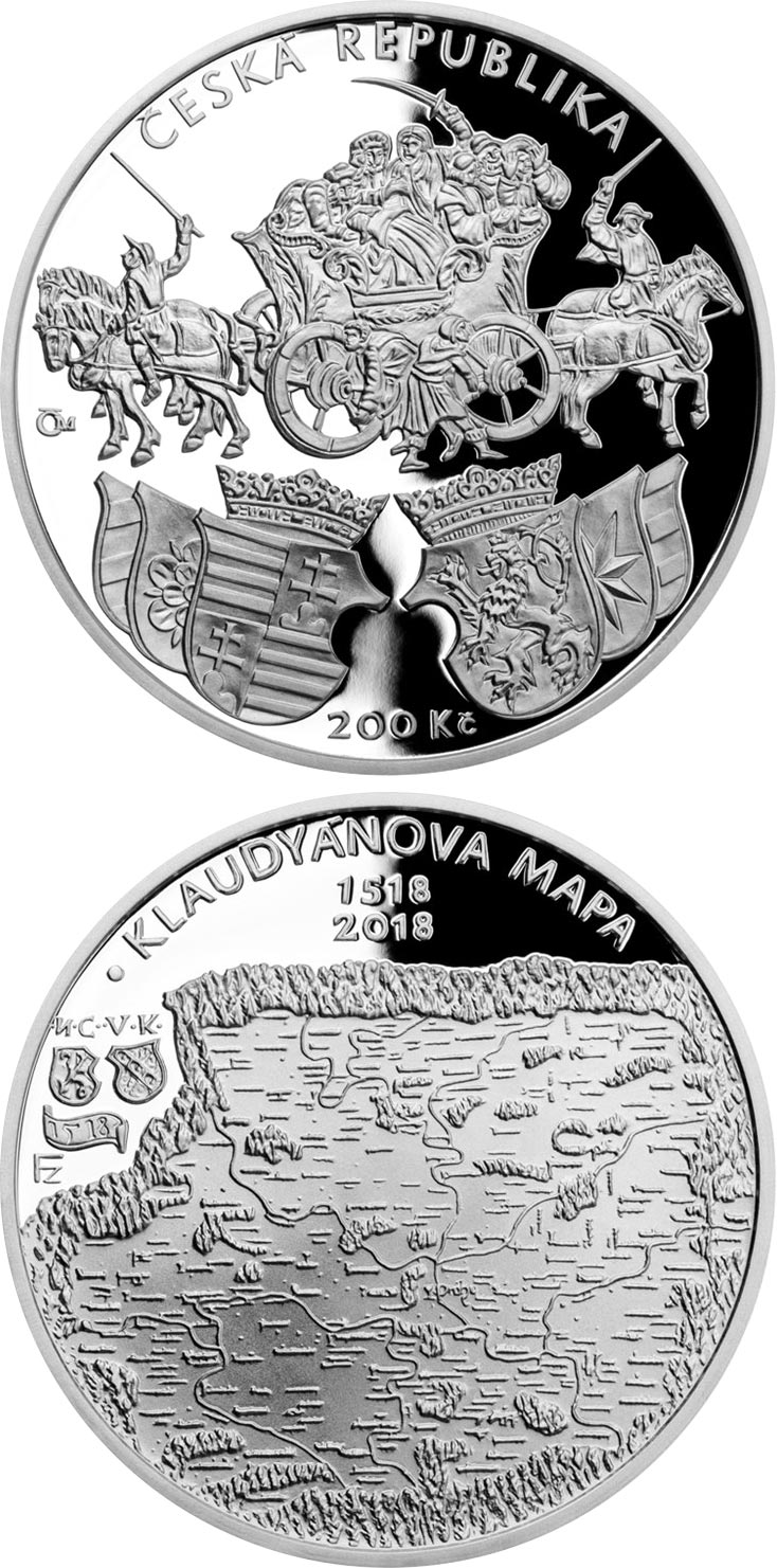 Image of 200 koruna coin - Issuance of Klaudyán map (first map of Bohemia) | Czech Republic 2018.  The Silver coin is of Proof, BU quality.