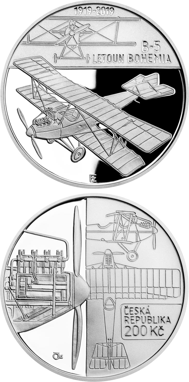 Image of 200 koruna coin - Construction of Bohemia B-5 (first Czech-produced aeroplane) | Czech Republic 2019.  The Silver coin is of Proof, BU quality.