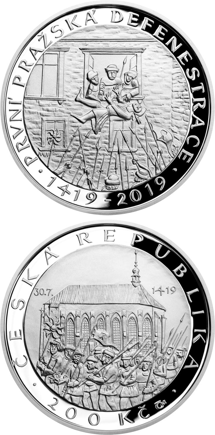 Image of 200 koruna coin - First defenestration in Prague | Czech Republic 2019.  The Silver coin is of Proof, BU quality.