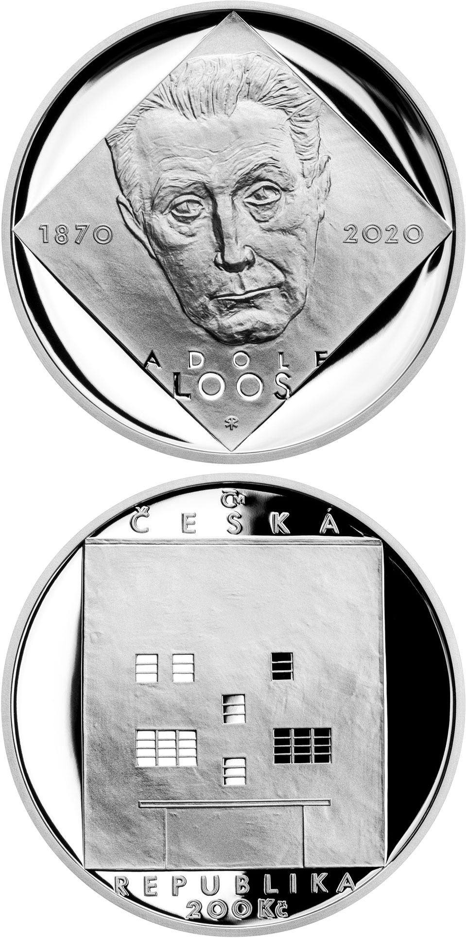Image of 200 koruna coin - Birth of Adolf Loos | Czech Republic 2020.  The Silver coin is of Proof, BU quality.