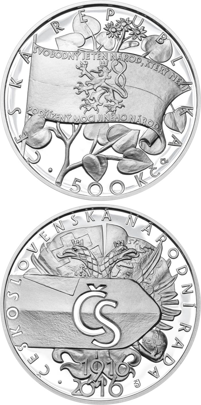 Image of 500 koruna coin - Foundation of Czechoslovak National Council | Czech Republic 2016.  The Silver coin is of Proof, BU quality.