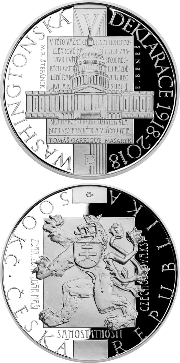 Image of 500 koruna coin - Adoption of Washington Declaration | Czech Republic 2018.  The Silver coin is of Proof, BU quality.