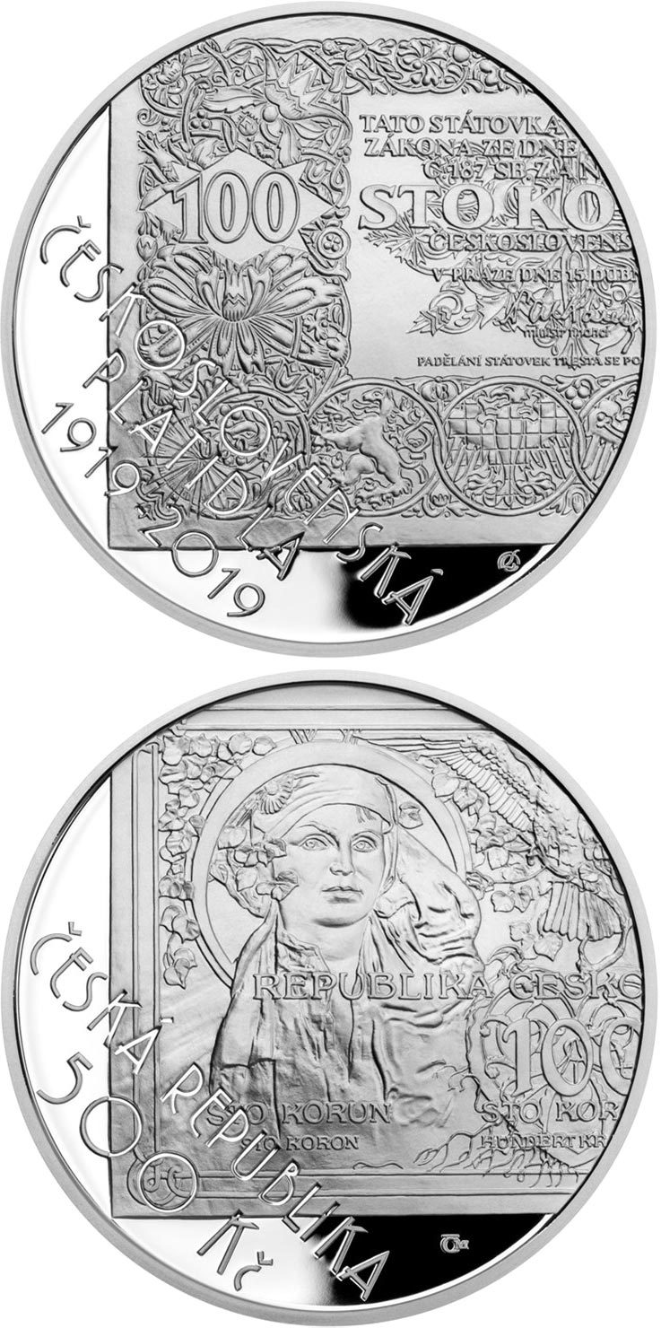 Image of 500 koruna coin - Creation of Czechoslovak currency | Czech Republic 2019.  The Silver coin is of Proof, BU quality.