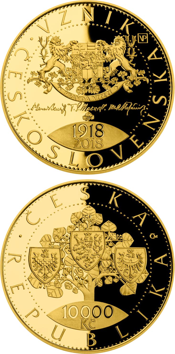 Image of 10000 koruna coin - Foundation of Czechoslovakia  | Czech Republic 2018.  The Gold coin is of Proof, BU quality.