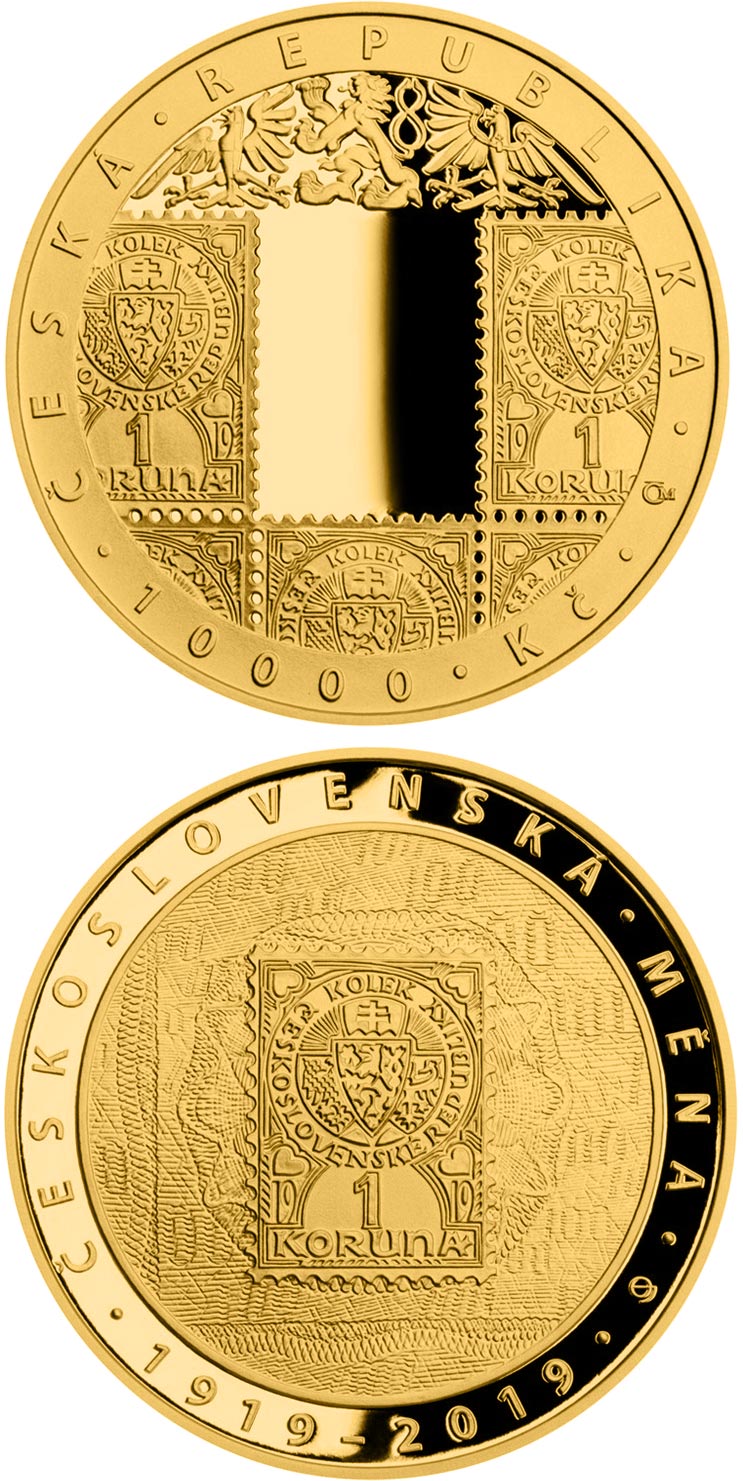 Image of 10000 koruna coin - Creation of Czechoslovak currency | Czech Republic 2019.  The Gold coin is of Proof, BU quality.