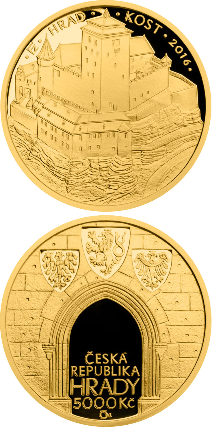 Image of 5000 koruna coin - Kost | Czech Republic 2016.  The Gold coin is of Proof, BU quality.