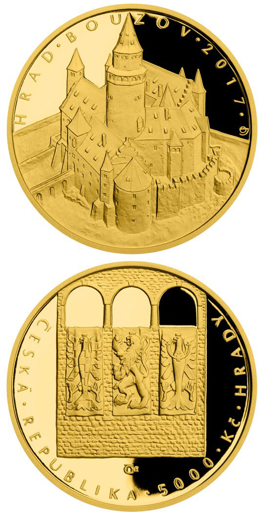 Image of 5000 koruna coin - Bouzov | Czech Republic 2017.  The Gold coin is of Proof, BU quality.