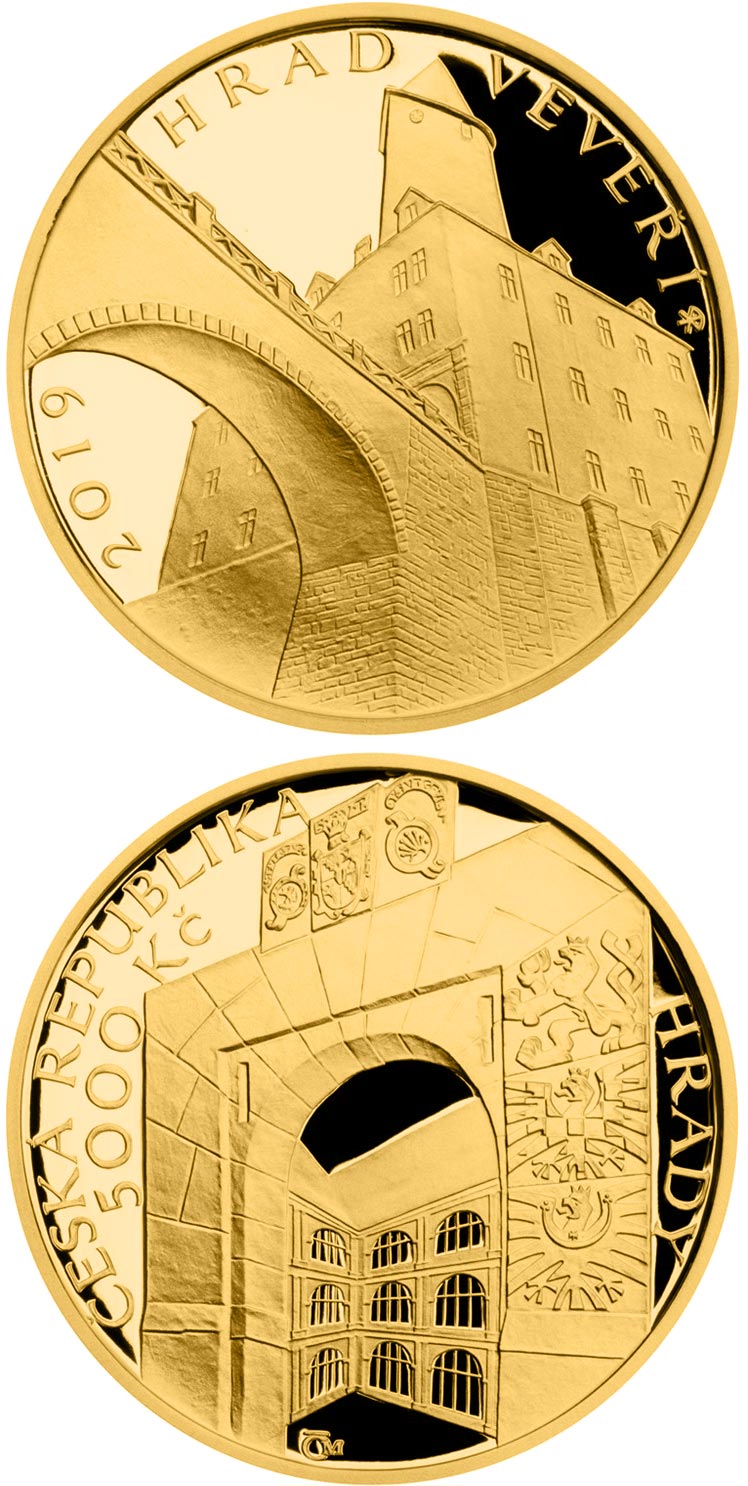 Image of 5000 koruna coin - Veveří | Czech Republic 2019.  The Gold coin is of Proof, BU quality.
