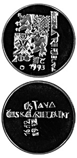 Image of 200 koruna coin - 1st anniversary of the adoption of the Constitution of theCzech Republic | Czech Republic 1993.  The Silver coin is of Proof, BU quality.