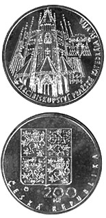 Image of 200 koruna coin - 650th anniversary of the foundation of the Prague Archbisopric and laying of the cornestone of St.Vitus Cathedral | Czech Republic 1994.  The Silver coin is of Proof, BU quality.