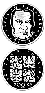 Image of 200 koruna coin - 200th anniversary of the birth of Pavel Josef  Šafařík | Czech Republic 1995.  The Silver coin is of Proof, BU quality.