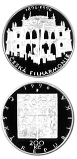 Image of 200 koruna coin - 100th anniversary of the foundation of theCzech Philharmonia | Czech Republic 1995.  The Silver coin is of Proof, BU quality.