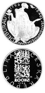 Image of 200 koruna coin - 200th anniversary of the birth of Jean-Baptiste Gaspard Deburau | Czech Republic 1996.  The Silver coin is of Proof, BU quality.