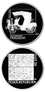 Image of 200 koruna coin - 100th anniversary of production of  The Präsident, the first passenger car in Central Europe | Czech Republic 1997.  The Silver coin is of Proof, BU quality.