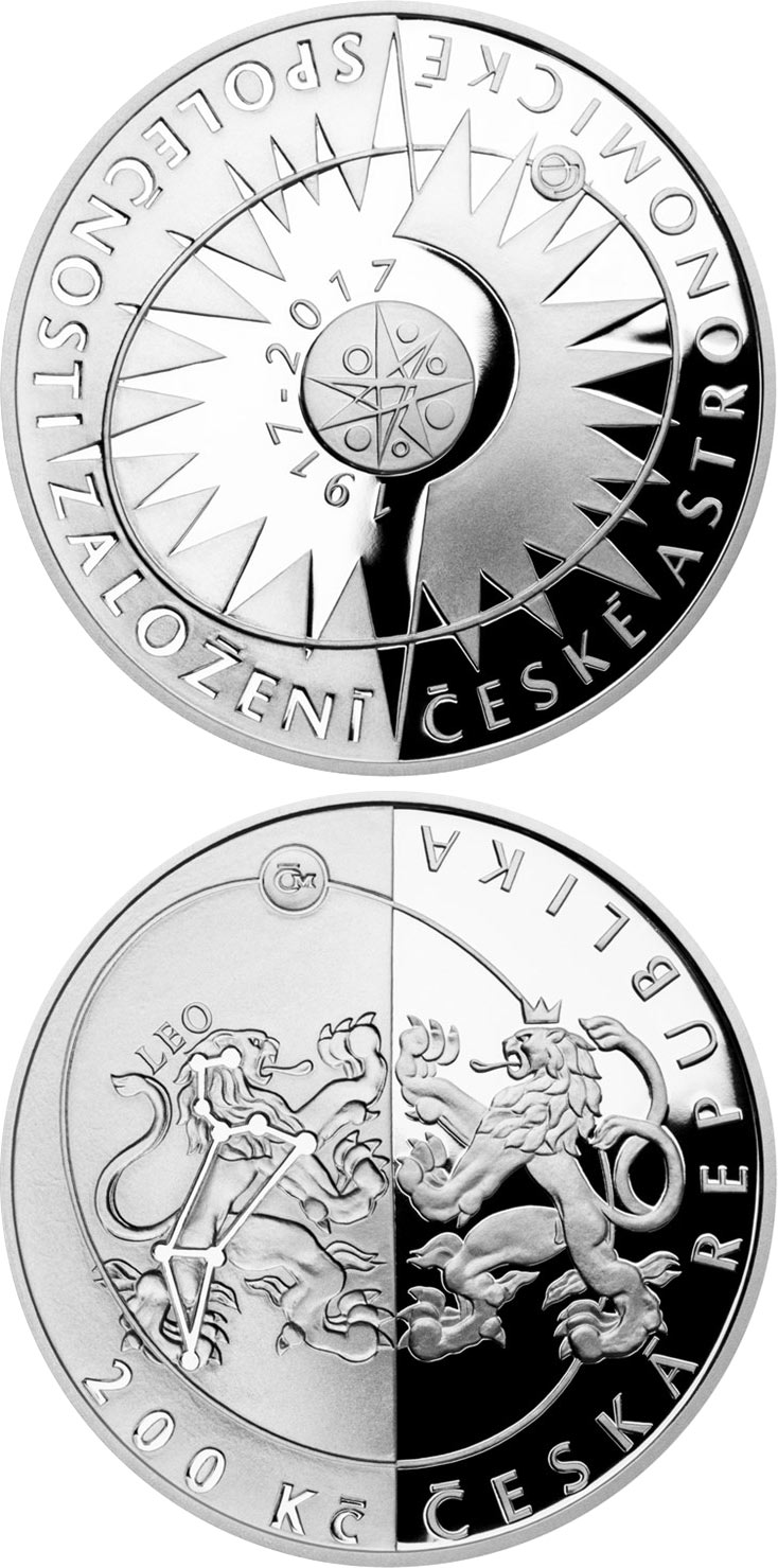 Image of 200 koruna coin - Czech astronomical society | Czech Republic 2017.  The Silver coin is of Proof, BU quality.