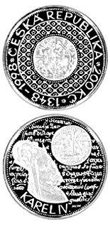 Image of 200 koruna coin - 650th anniversary of the foundation of Charles University in Prague | Czech Republic 1998.  The Silver coin is of Proof, BU quality.