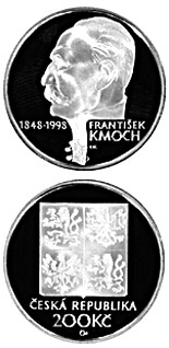 Image of 200 koruna coin - 150th anniversary of the birth of František Kmoch | Czech Republic 1998.  The Silver coin is of Proof, BU quality.