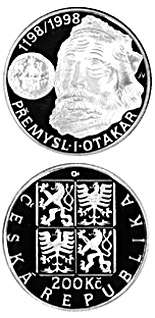Image of 200 koruna coin - 800th anniversary of the Coronation of the Czech King Přemysl I Otakar | Czech Republic 1998.  The Silver coin is of Proof, BU quality.