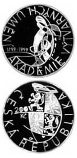 Image of 200 koruna coin - 200th anniversary of the foundation of Academy of Art and Sculpture | Czech Republic 1999.  The Silver coin is of Proof, BU quality.