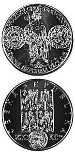 Image of 200 koruna coin - 700th anniversary of the currency reform by Václav II and the commencement of minting of the Pragergroschen | Czech Republic 2000.  The Silver coin is of Proof, BU quality.