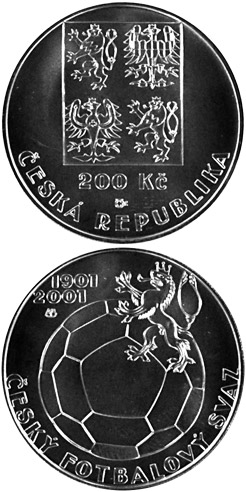 Image of 200 koruna coin - 100th anniversary of the foundation of the Czech Football | Czech Republic 2001.  The Silver coin is of Proof, BU quality.