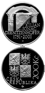 Image of 200 koruna coin - 250th anniversary of the death of Kilian Ignac Dientzenhofer | Czech Republic 2001.  The Silver coin is of Proof, BU quality.