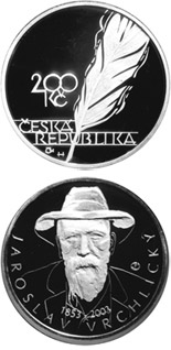 Image of 200 koruna coin - 150th anniversary of the birth of Jaroslav Vrchlický | Czech Republic 2003.  The Silver coin is of Proof, BU quality.