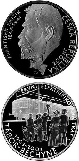 Image of 200 koruna coin - 100th anniversary of the first electrified railway from Tábor to Bechyne | Czech Republic 2003.  The Silver coin is of Proof, BU quality.