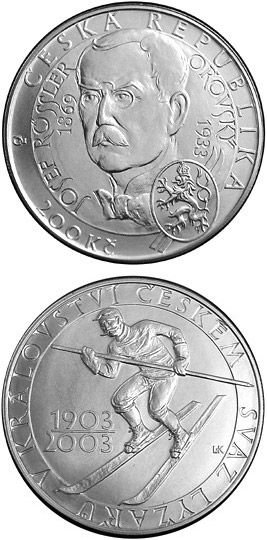 Image of 200 koruna coin - 100th anniversary of the foundation of the Skiers' Union in the Kingdom of Bohemia | Czech Republic 2003.  The Silver coin is of Proof, BU quality.