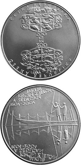 Image of 200 koruna coin - 400th anniversary of the death of Jakub Krčín of Jelčany (pisciculturist) | Czech Republic 2004.  The Silver coin is of Proof, BU quality.