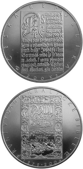 Image of 200 koruna coin - 425th anniversary of the first edition of the Kralická bible(the first standard of literary Czech language) | Czech Republic 2004.  The Silver coin is of Proof, BU quality.
