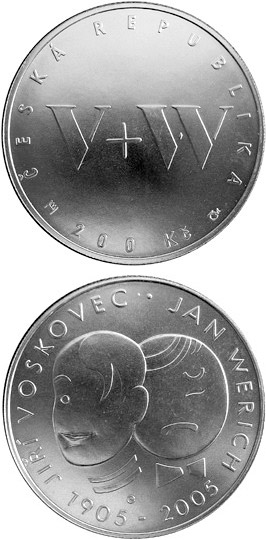 Image of 200 koruna coin - 150th anniversary of the birth of Jan Werich and Jiří Voskovec (Czech actors) | Czech Republic 2005.  The Silver coin is of Proof, BU quality.