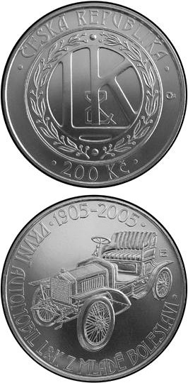 Image of 200 koruna coin - 100th anniversary of the production of the first automobile in Mladá Boleslav | Czech Republic 2005.  The Silver coin is of Proof, BU quality.