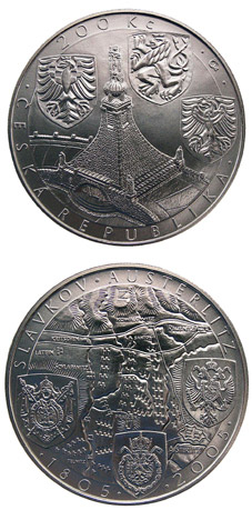 Image of 200 koruna coin - 200th anniversary of the battle of Austerlitz | Czech Republic 2005.  The Silver coin is of Proof, BU quality.