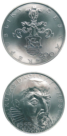 Image of 200 koruna coin - 450th anniversary of the birth of Mikuláš Dačický of Heslov (poet, politician) | Czech Republic 2005.  The Silver coin is of Proof, BU quality.