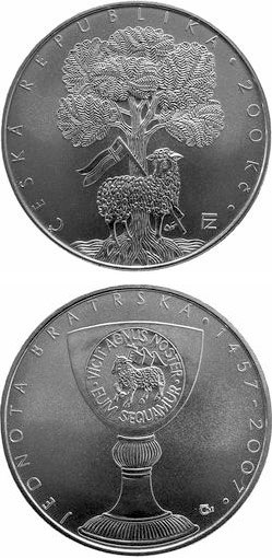 Image of 200 koruna coin - 550 anniversary of foundation of Jednota bratrská (Unitas Fratrum) | Czech Republic 2007.  The Silver coin is of Proof, BU quality.