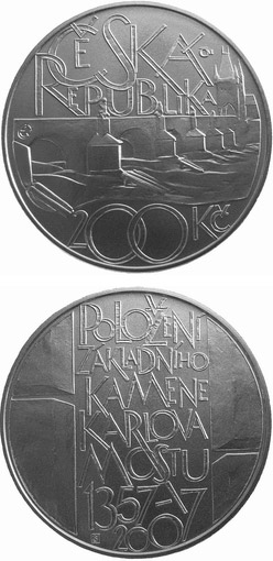Image of 200 koruna coin - 650th anniversary of laying of the foundation stone of Charles Bridge in Prague | Czech Republic 2007.  The Silver coin is of Proof, BU quality.