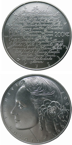 Image of 200 koruna coin - 100th anniversary of birth of opera singer Jarmila Novotná | Czech Republic 2007.  The Silver coin is of Proof, BU quality.