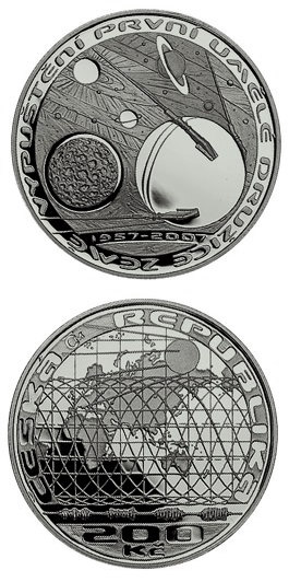 Image of 200 koruna coin - 50th anniversary of launch of the first Earth satellite | Czech Republic 2007.  The Silver coin is of Proof, BU quality.