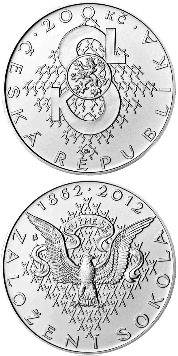 Image of 200 koruna coin - Foundation of Sokol movement | Czech Republic 2012.  The Silver coin is of Proof, BU quality.